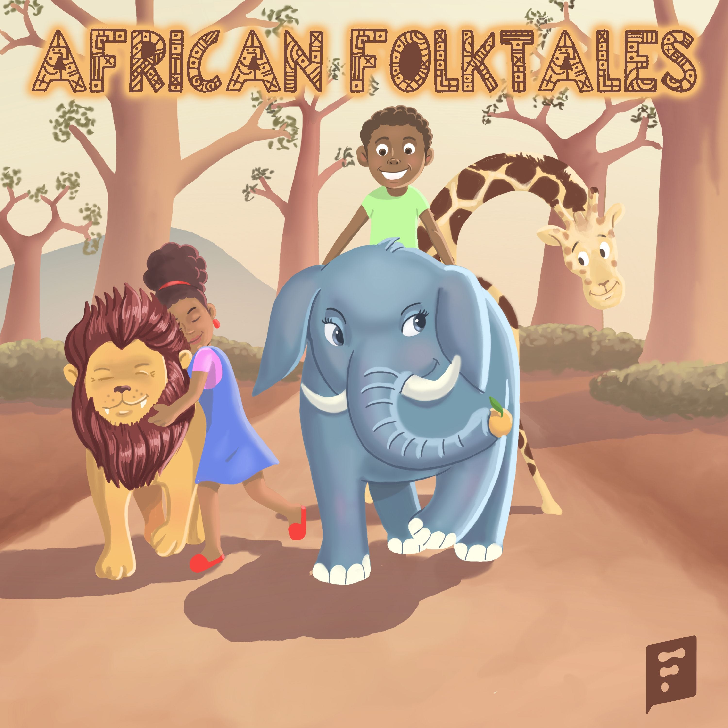 The illustrated cover art for African Folktales: Traditional Bedtime Stories For The Modern Kid. In front of some baobab trees, one children rides an elephant while another hugs a lion, with a giraffe trailing behind.