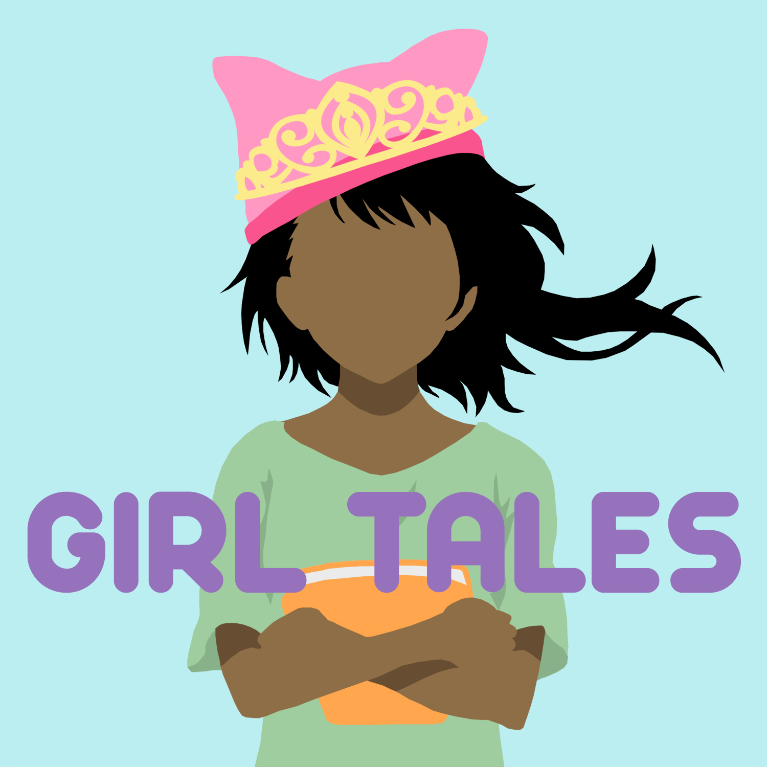 The illustrated cover art for Girl Tales. A young girl stands confidently with her arms crossed in front of a light blue background. She holds a book, and her hair flows in the wind. She's wearing a pink bunny-like hat and a gold crown.