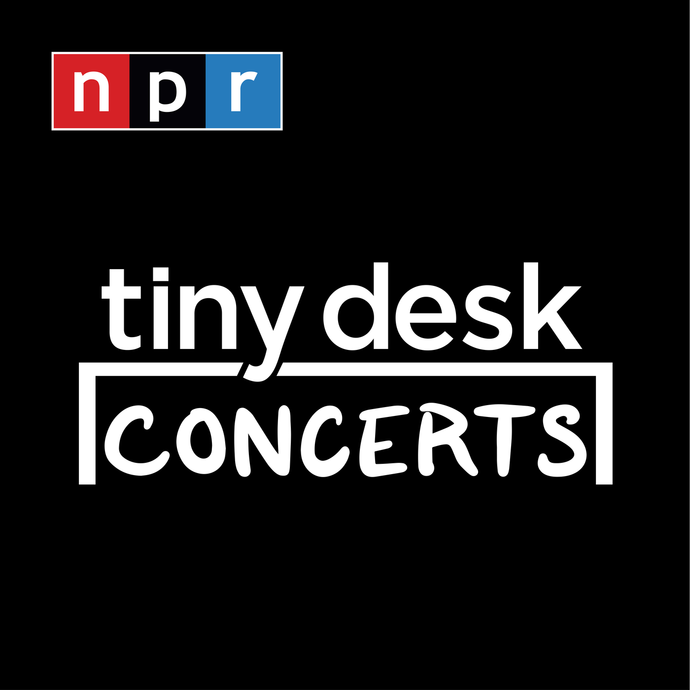 The cover art for Tiny Desk Concerts. On a black background, the words "tiny desk" is on top of the word "CONCERTS," with a white line separating the two made to look like a desk.